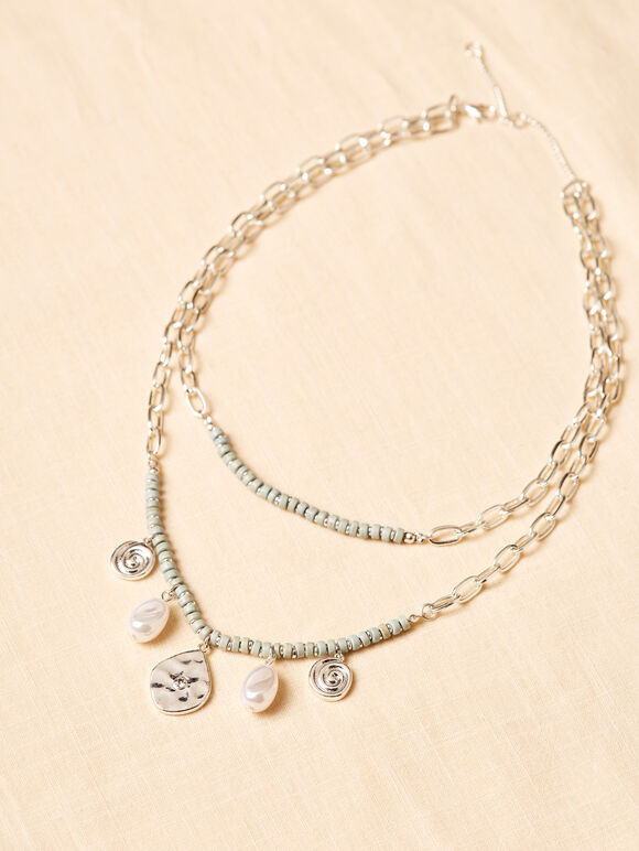 Statement-Halskette mit Perlen, Silber, groß