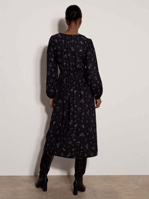 Vintage Floral Smocked Midi Dress, Black, large