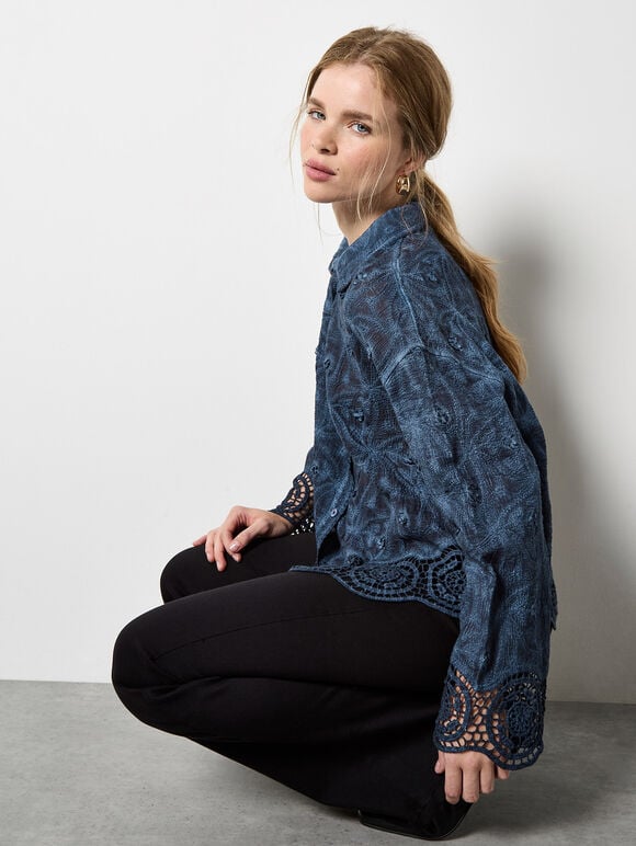Textured Cotton Floral Crochet Blouse, Navy, large