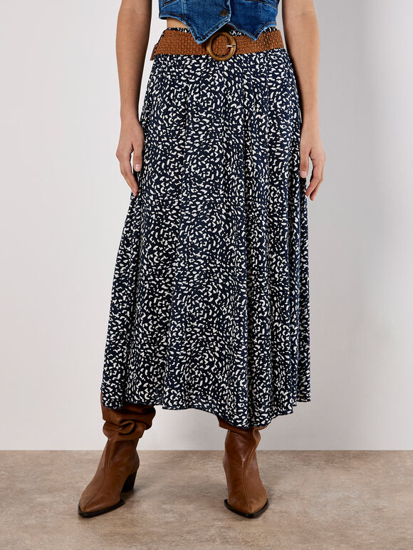 Brush Dot Belted Skirt, Navy, large
