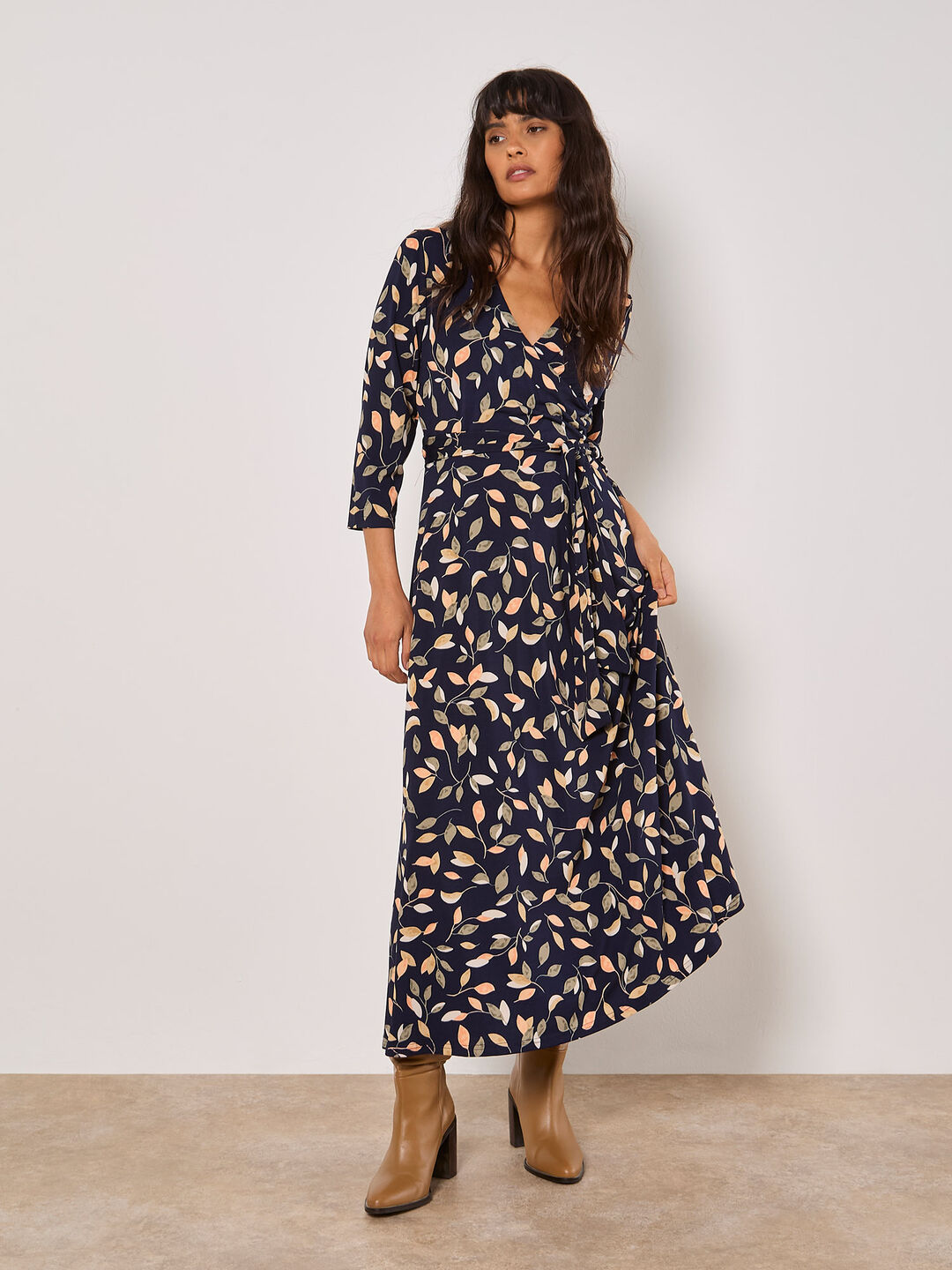 Leaf Print Wrap Maxi Dress
