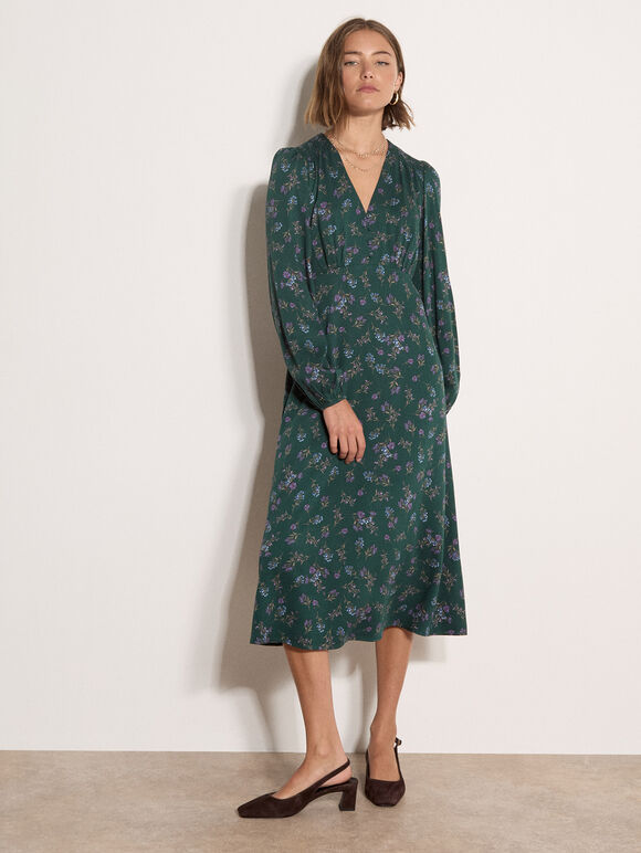 Floral Print Midi Dress, Green, large