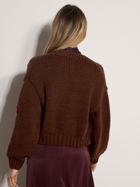 Chunky Knit Strawberry Cardigan, Brown, large