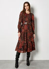 Ikat Patchwork Smocked Chiffon Midi Dress, Burgundy, large