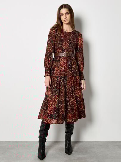 Ikat Patchwork Smocked Chiffon Midi Dress