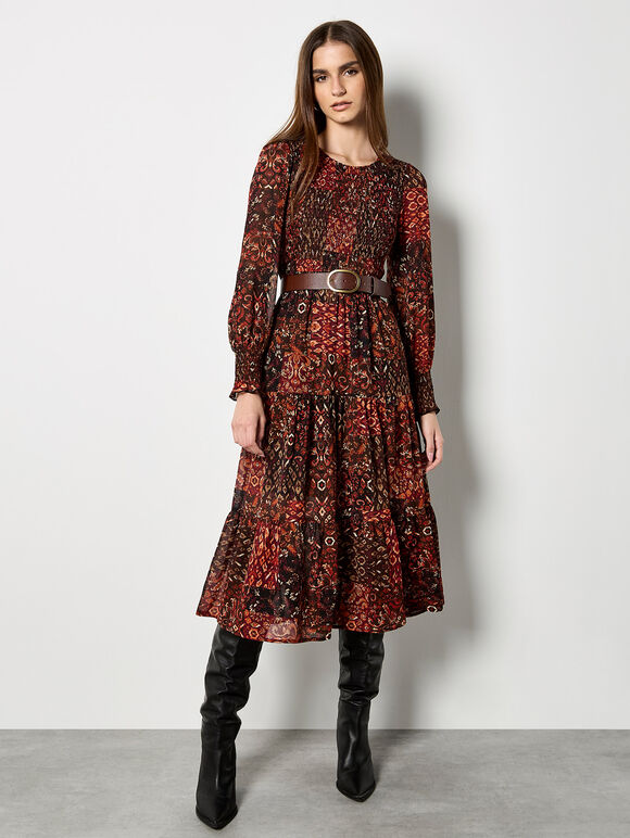 Ikat Patchwork Smocked Chiffon Midi Dress, Burgundy, large