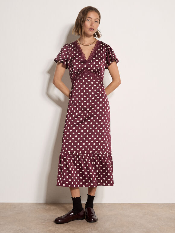 Polka Dot Satin Midi Dress, Plum, large