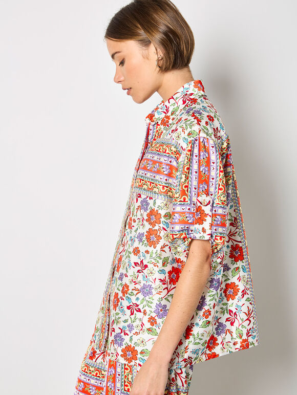 Floral Scarf Print Satin Shirt, Orange, large