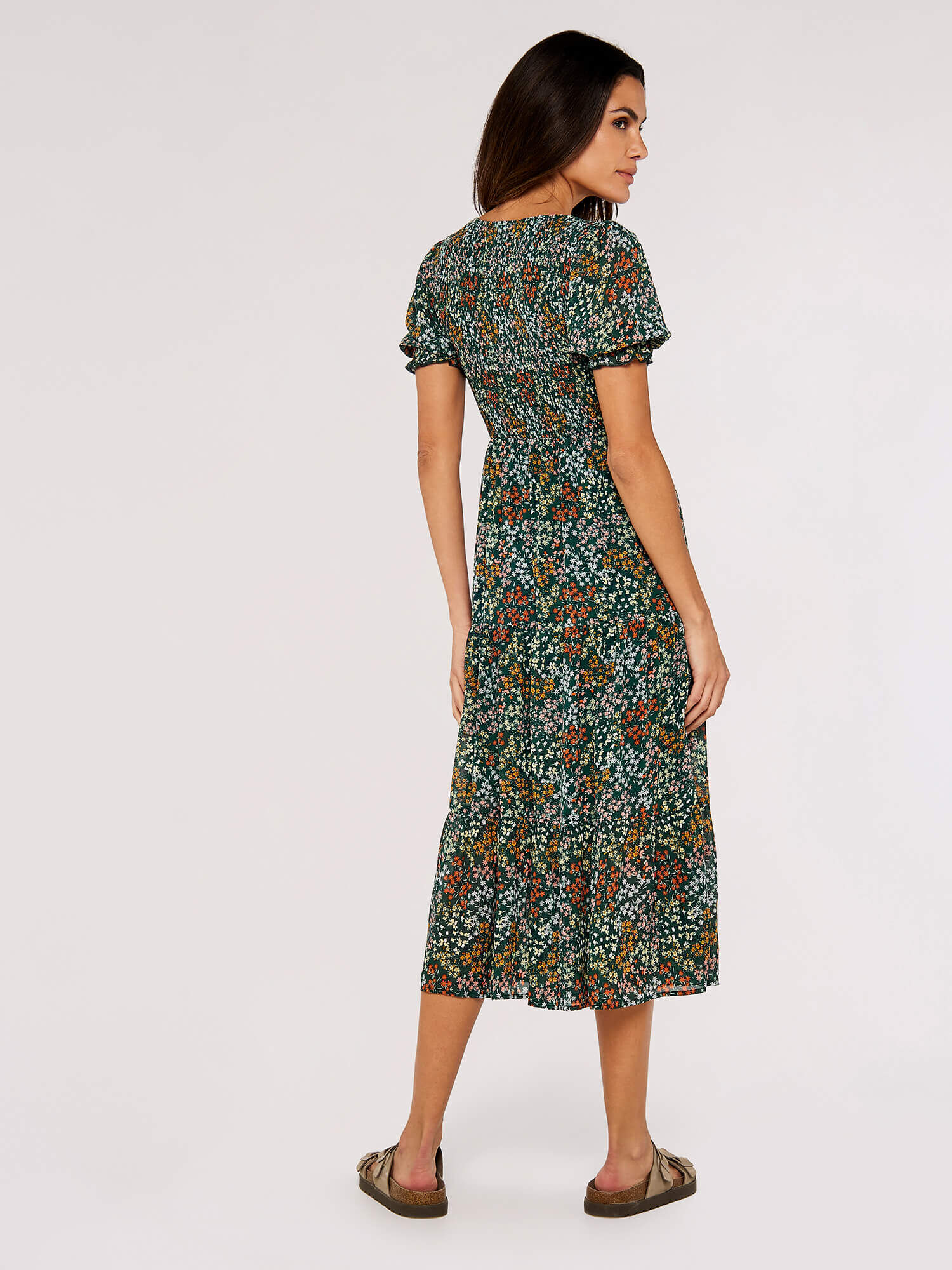 Ditsy Spray Midi Dress Apricot Clothing