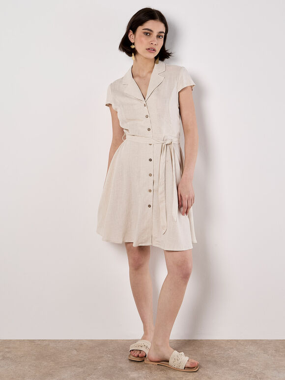 Linen Blend Shirt Mini Dress, Stone, large