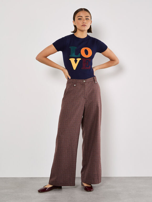 Mini Check Wide Leg Trousers, Burgundy, large