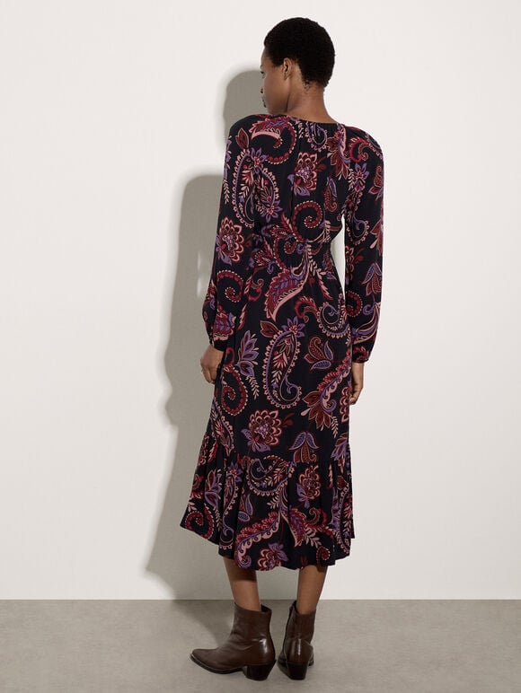 Crepe Folk Floral Midi Dress, Purple, large