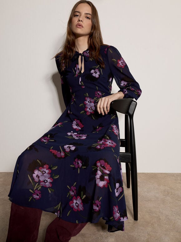 Floral Print Chiffon Midi Dress, Navy, large