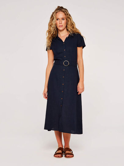 Linen Blend Belted Shirt Midi Dress