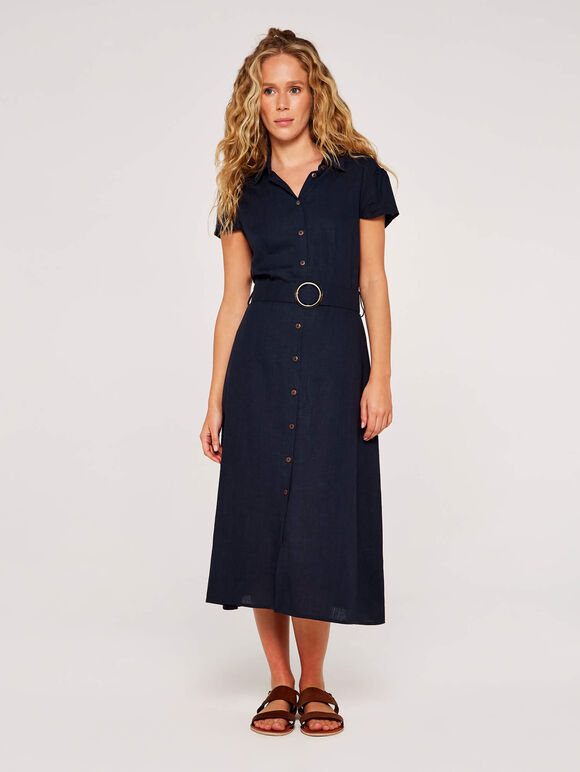 Linen Blend Belted Shirt Midi Dress, Navy, large