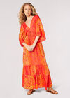 Geblümtes Kimono-Maxikleid aus Satin, Orange, Größe L