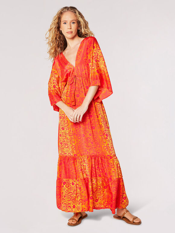Robe longue kimono en satin floral, Orange, grand