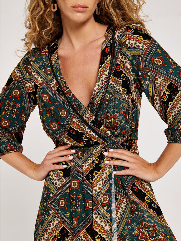 Printed Wrap Maxi Dress, Black, large