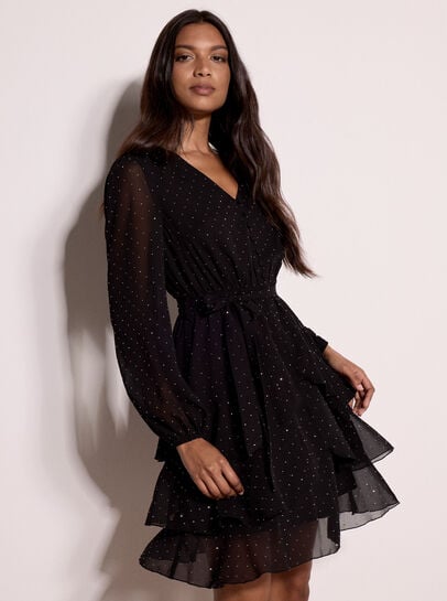 Diamante Embellished Chiffon Tiered Mini Dress