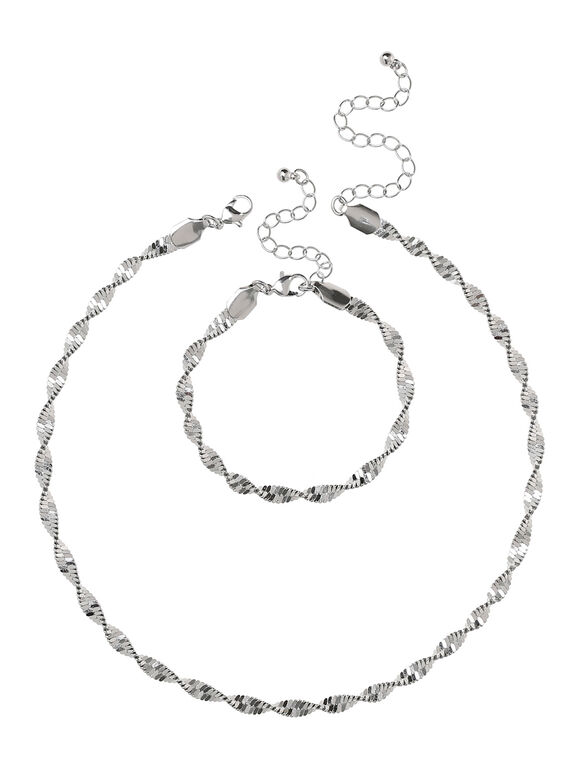 Set aus gedrehter Halskette und Armband, Hellgrau / Silber, groß