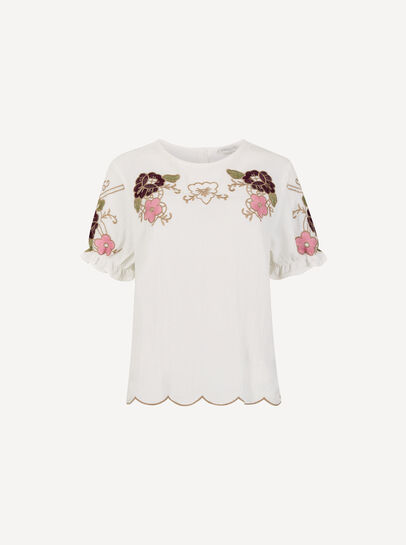 Floral Embroidered Ruffle Sleeve Cotton Top