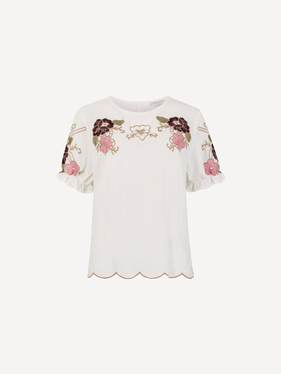 Floral Embroidered Ruffle Sleeve Cotton Top, White, large