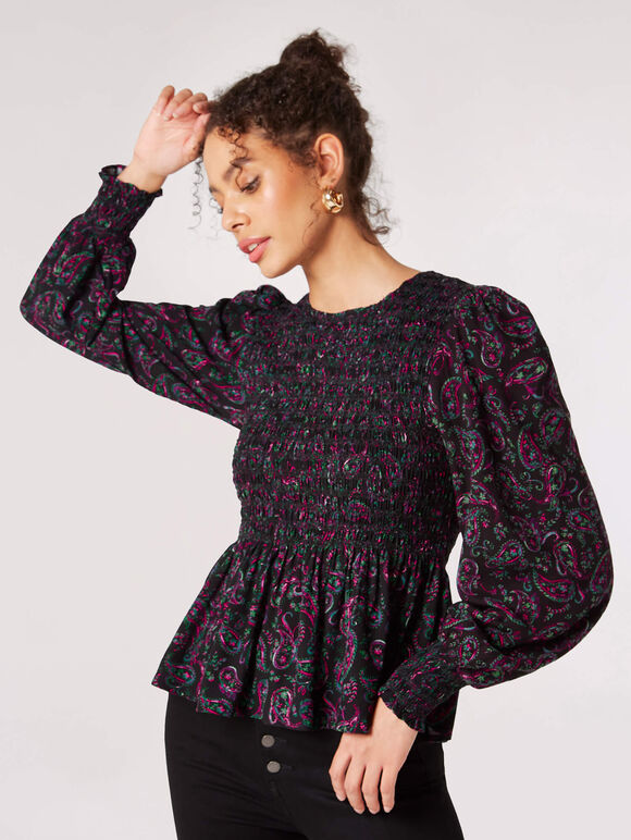 Paisley Puff Sleeve Smocked Top, Black, large