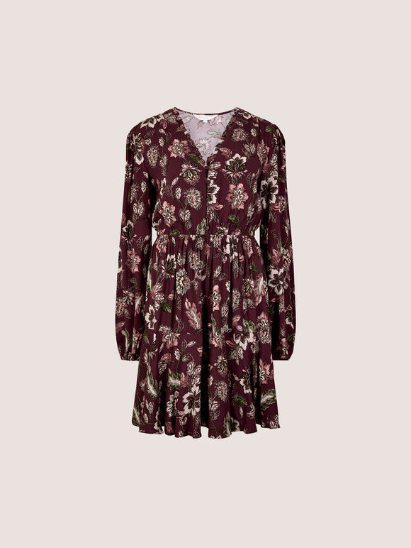 Folk Floral Mini Dress, Burgundy, large