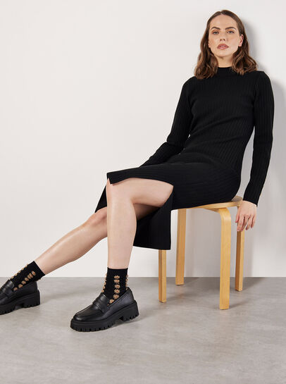 Ribbed Knit Gold Button Midi Dress