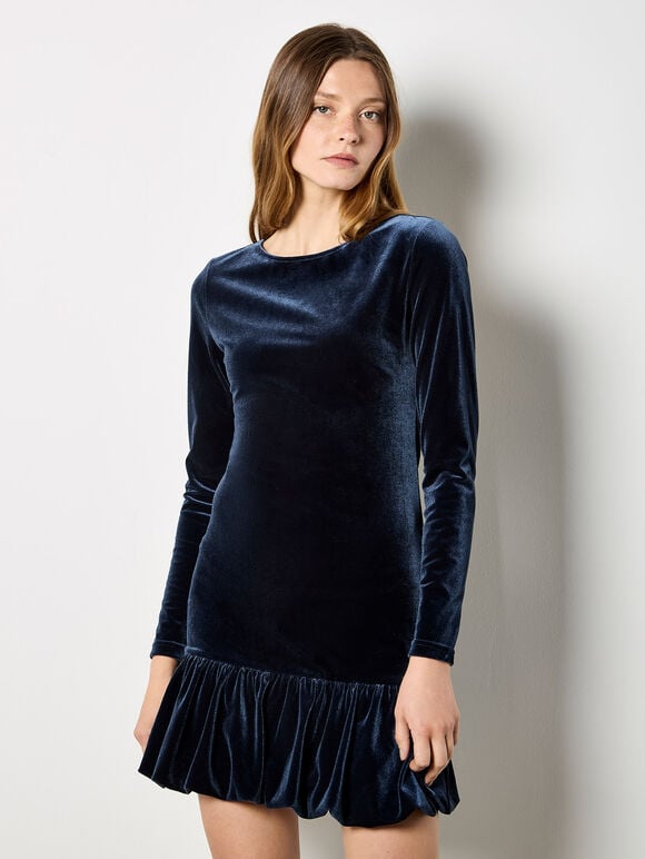 Velvet Bodycon Bubble Hem Mini Dress, Navy, large