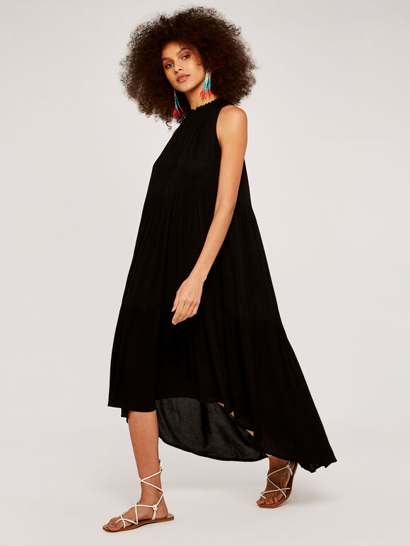 High Ruffle Neck Dress, Black, large