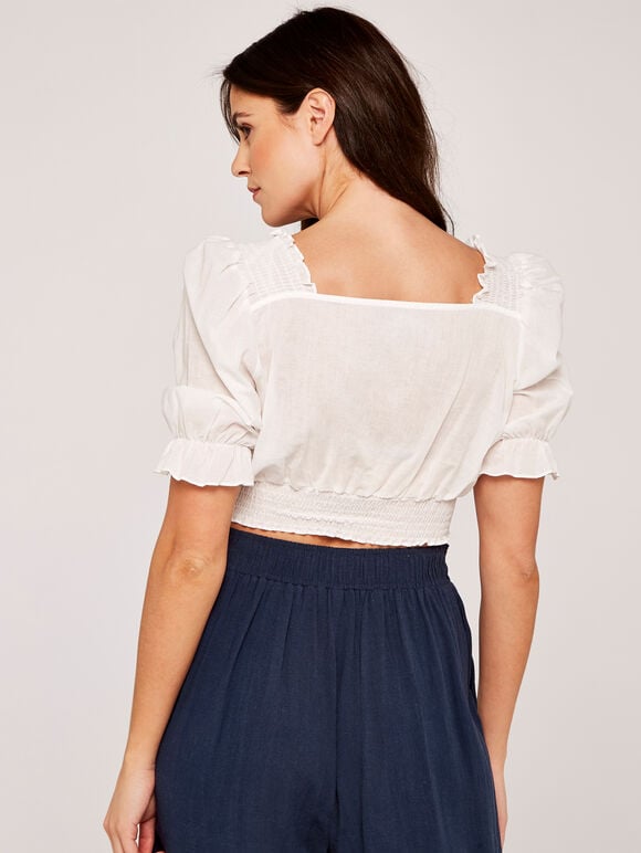 Embroidered Shirred Crop Top, White, large