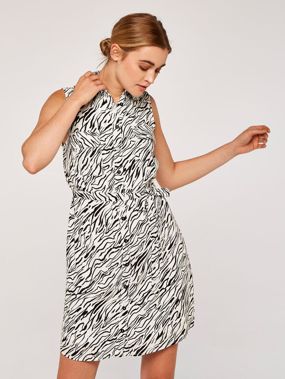 Zebra Sleeveless Shirt Dress, White, large