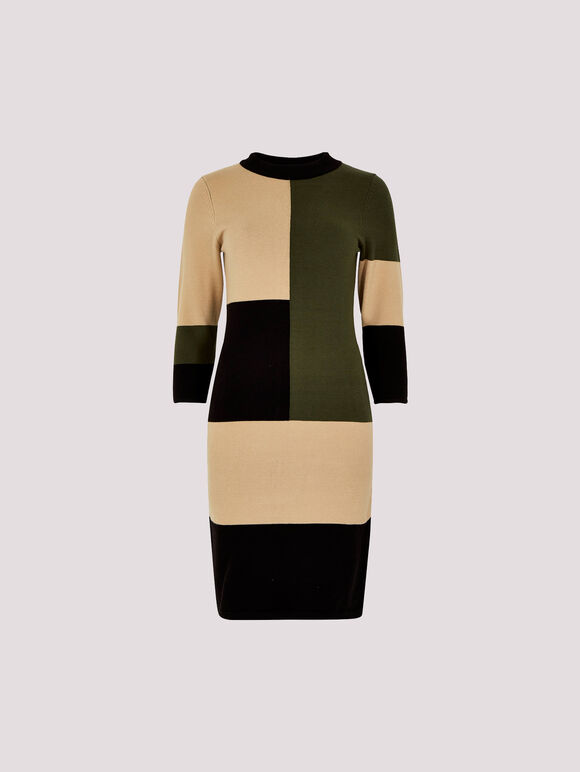 Colour Block Bodycon Mini Dress, Khaki, large