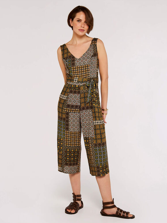 Patchwork Tile Cullotte Jumpsuit, Green, large