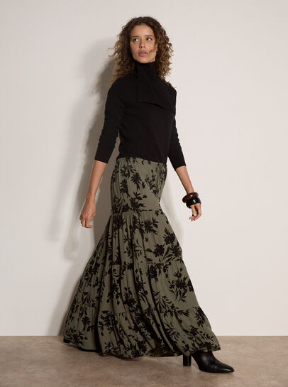 Floral Silhouette Crepe Midi Skirt