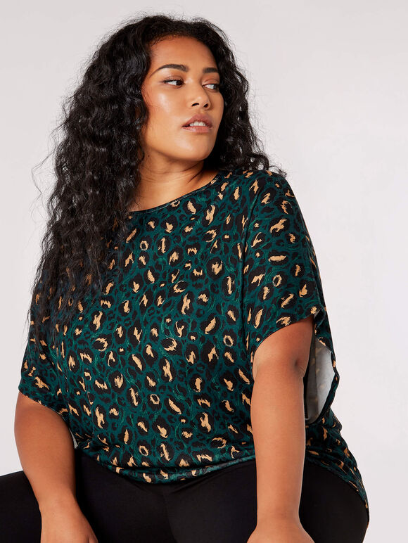 Curve Brushed Cheetah Batwing Top, Green, large