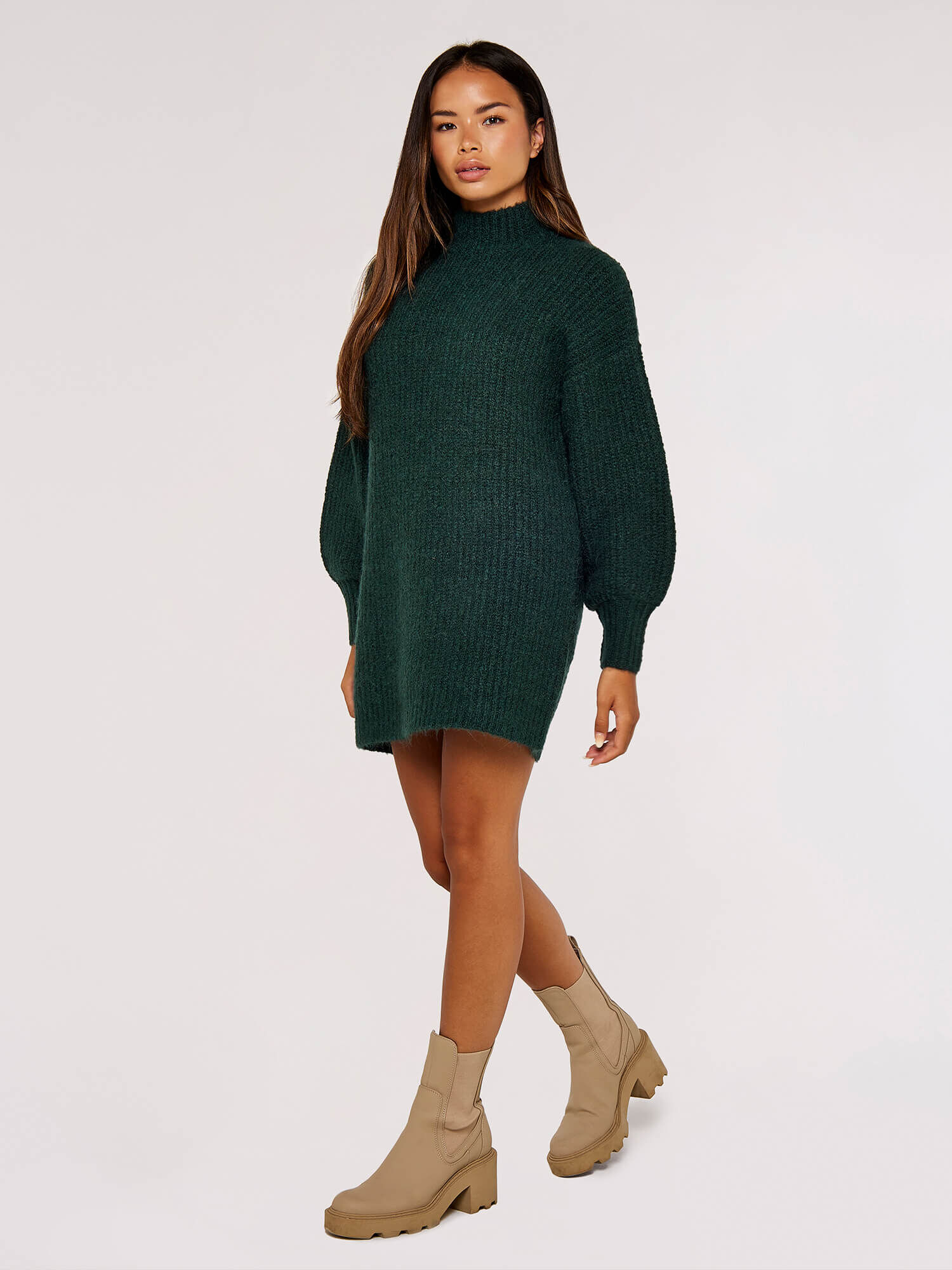 Ribbed Knit Jumper Mini Dress Apricot Clothing