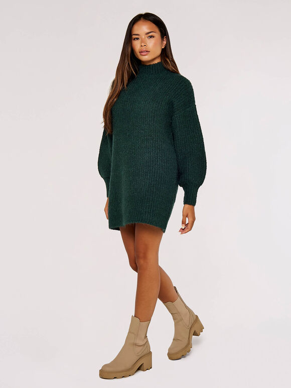 Knit Jumper Mini Dress, Green, large
