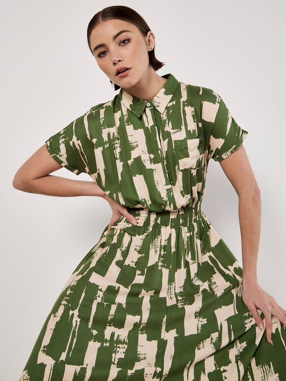Brushstroke Squares Utility Midi Dress, Green, large