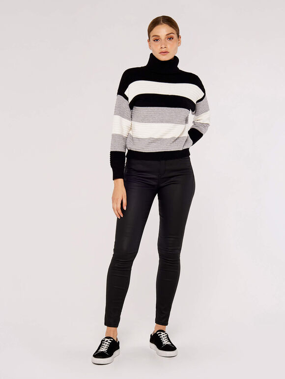 Ribbed Colour Block Stripe Jumper, Black, large