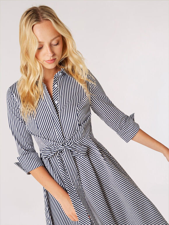 Cotton Stripe Shirt Mini Dress, Navy, large