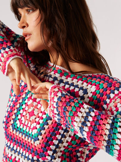 Cotton Cropped Crochet Squares Top
