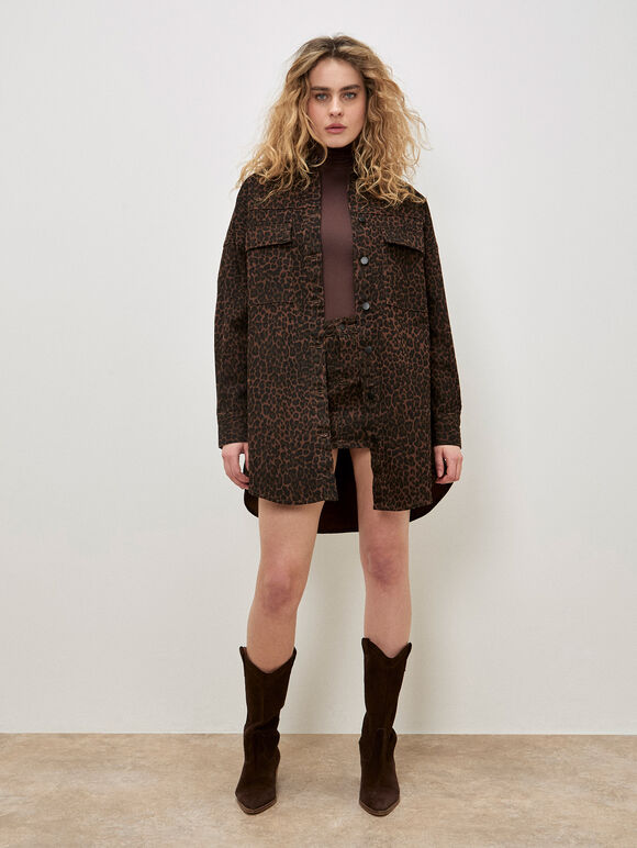 Leopard Print Denim Mini Skort, Brown, large