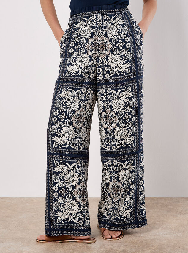 Scarf Print Flare Trousers, Navy, large