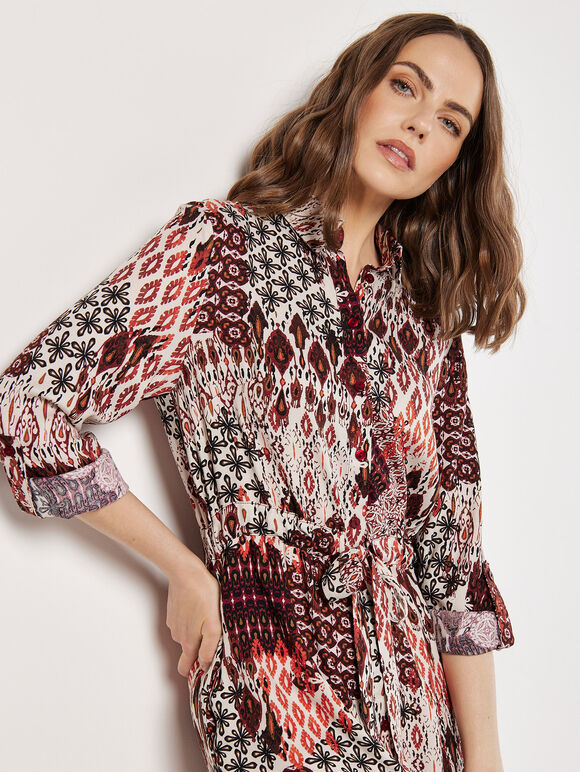Patchwork Ikat Shirt Mini Dress, Burgundy, large