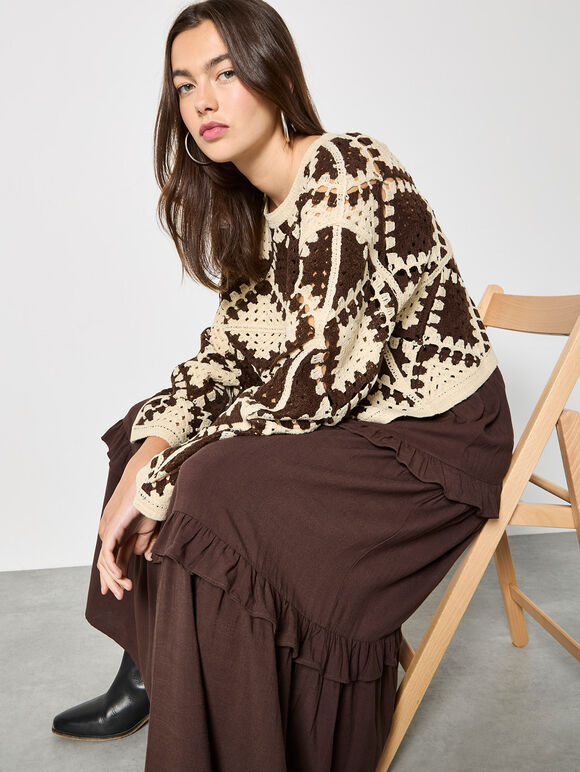 Crochet Diamonds Cropped Jumper, Stone, large