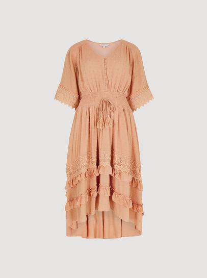 Dobby Ruffle Tiered Midi Dress
