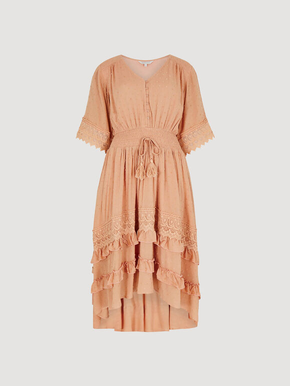 Dobby Ruffle Tiered Midi Dress, Coral, large