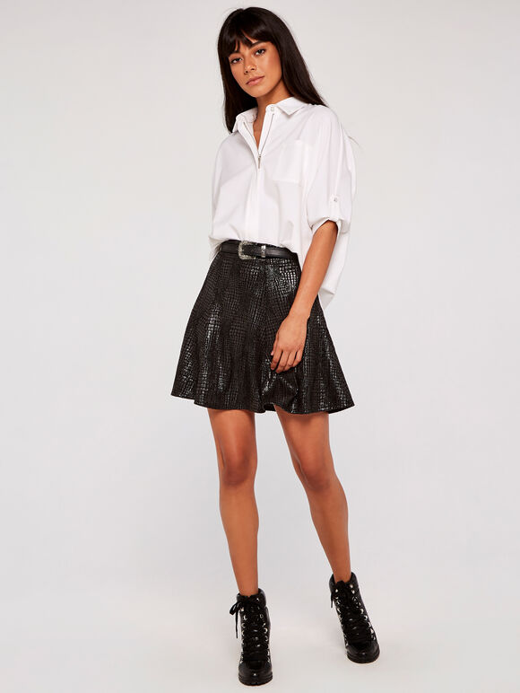 Croc Print Foiled Flare Skirt, Black, large